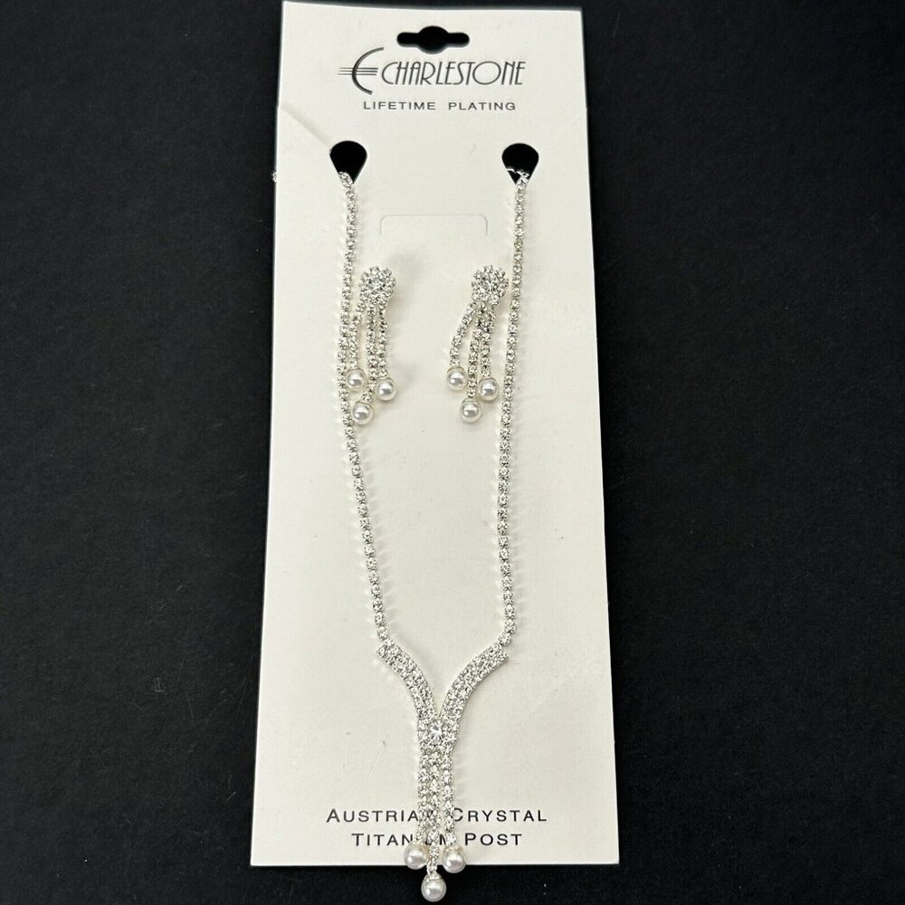 Charlestone Jewelry Set Necklace Earrings Austrian Crystal Faux Pearl Wedding